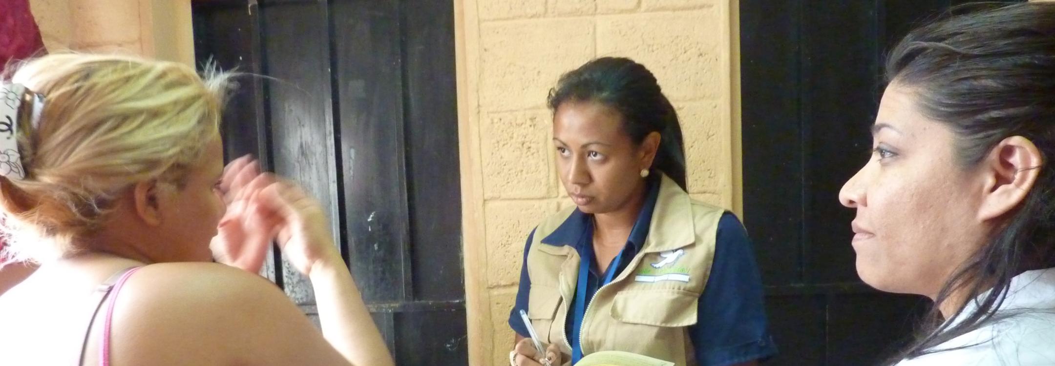 A woman detainee is interviewed
